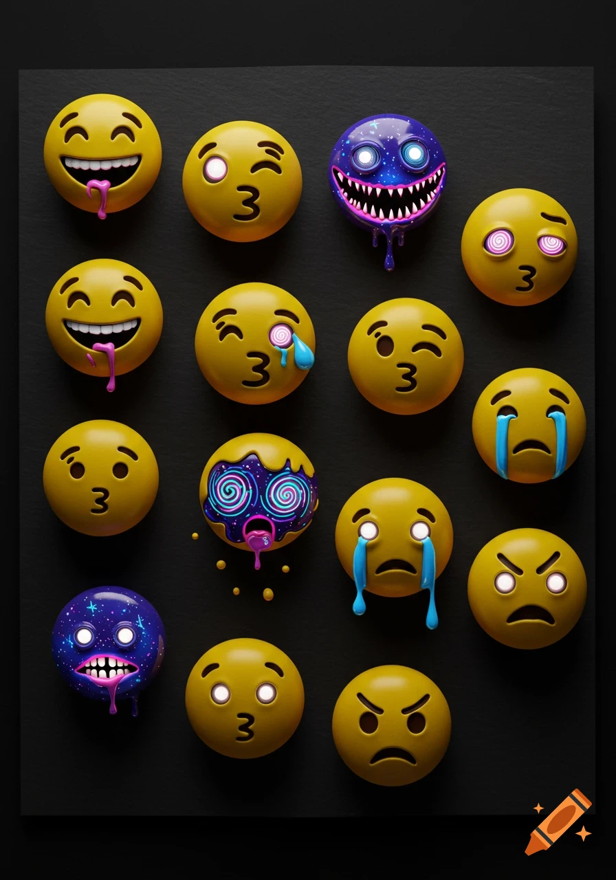 A collection of 3D-rendered yellow and purple emojis with various expressions, including happy, sad, angry, kissing, and stylized 'cursed' faces, on a black background.