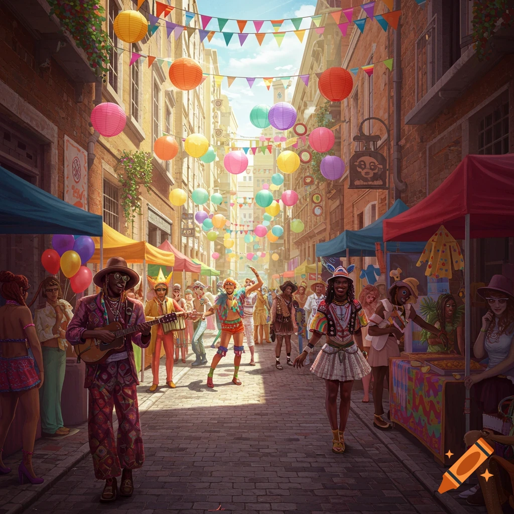 A vibrant street scene at a festival or fair, filled with people in colorful costumes, market stalls, and paper lanterns strung overhead.