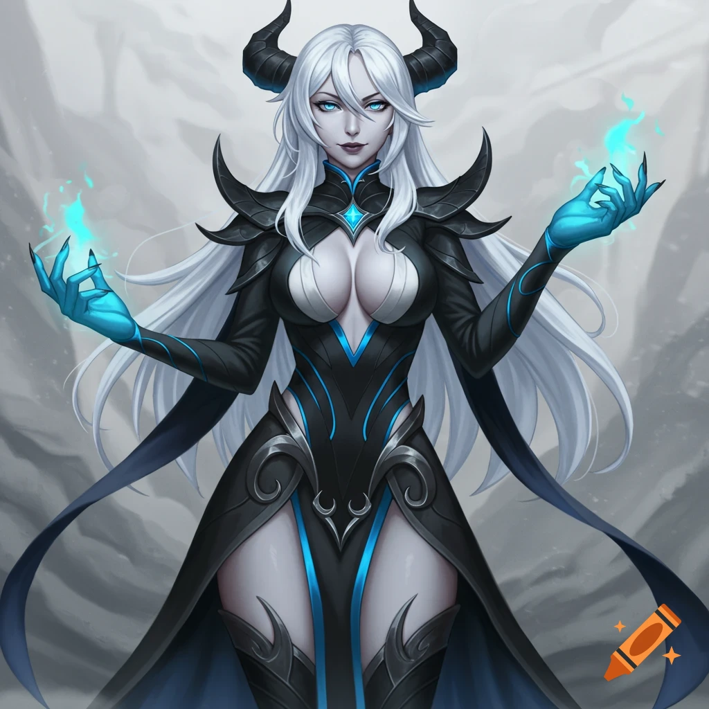 A white-haired anime sorceress with horns and glowing blue magic in her hands, wearing a black and blue outfit.