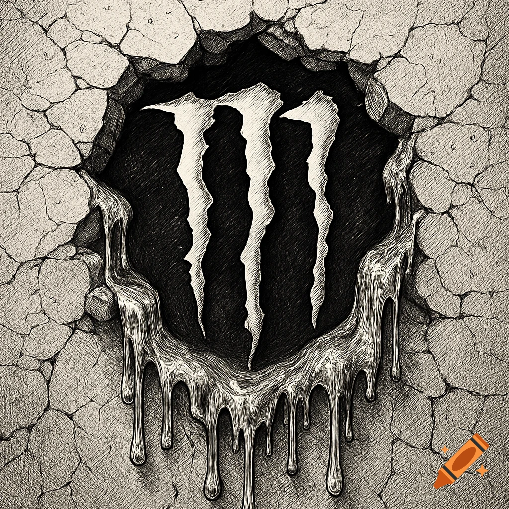 Black and white linework art of a stylized Monster Energy logo breaking through a cracked wall with goo dripping down.