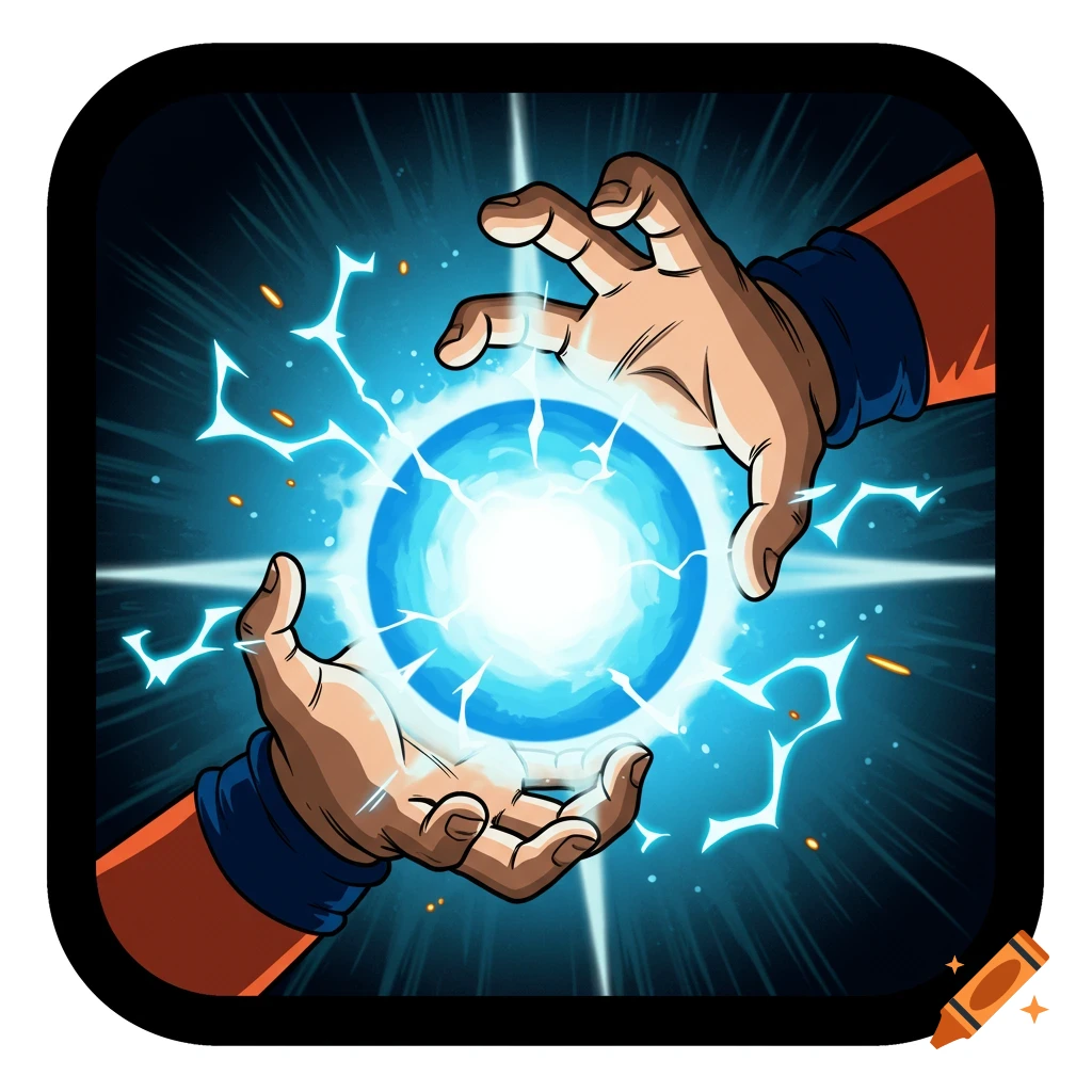 Two cartoon hands charging a glowing blue energy ball in a Dragon Ball Z style icon.