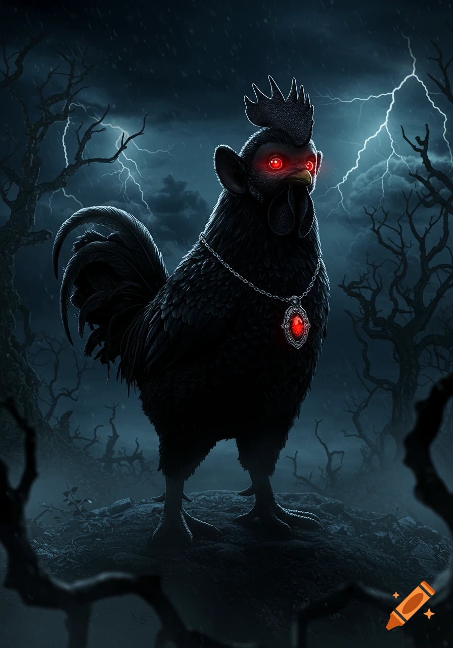 A black rooster with glowing red eyes and a red pendant stands on a mound in a dark, stormy, fantasy landscape with lightning.