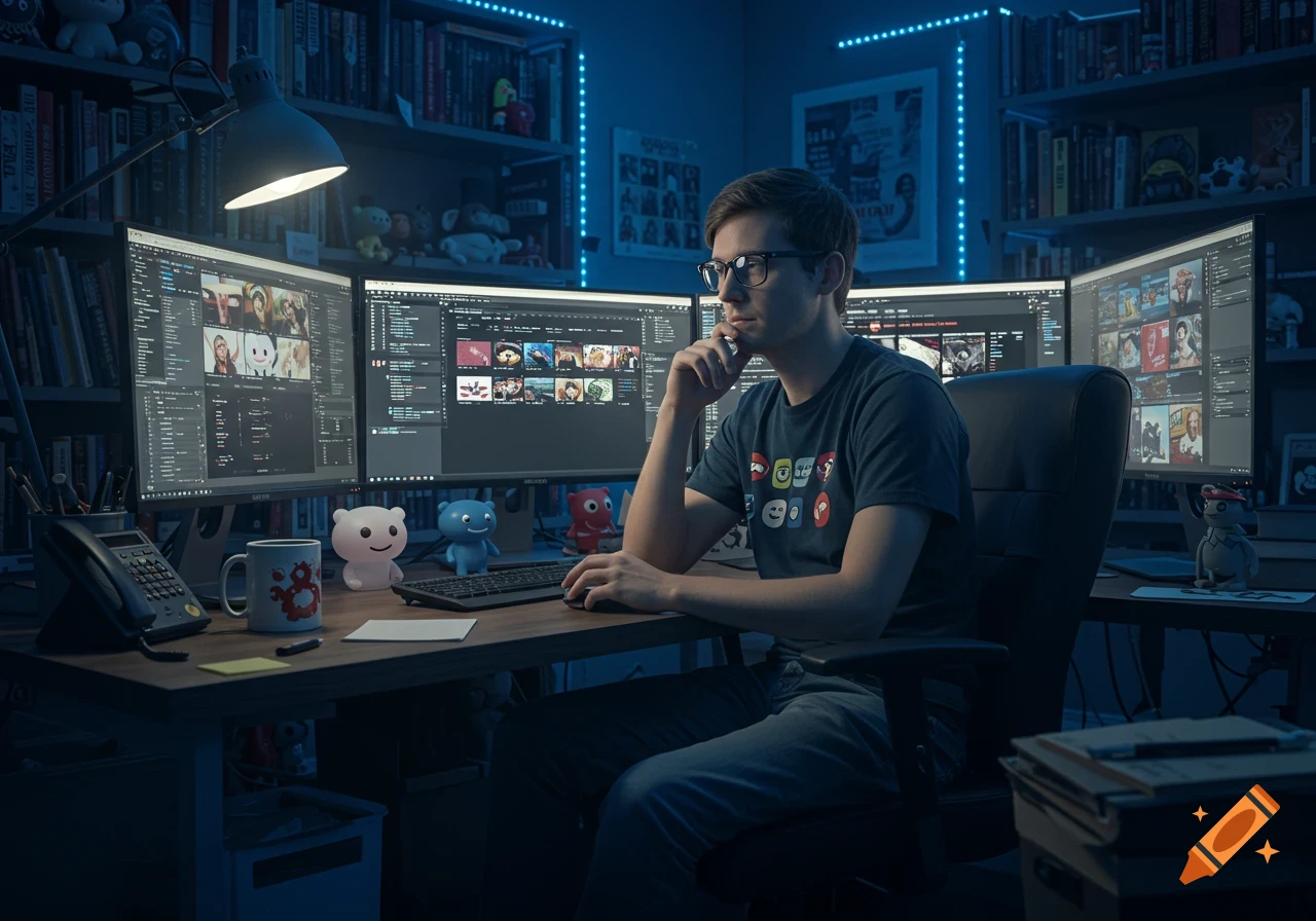 A man with glasses sits at a computer desk with three monitors in a blue-lit room.