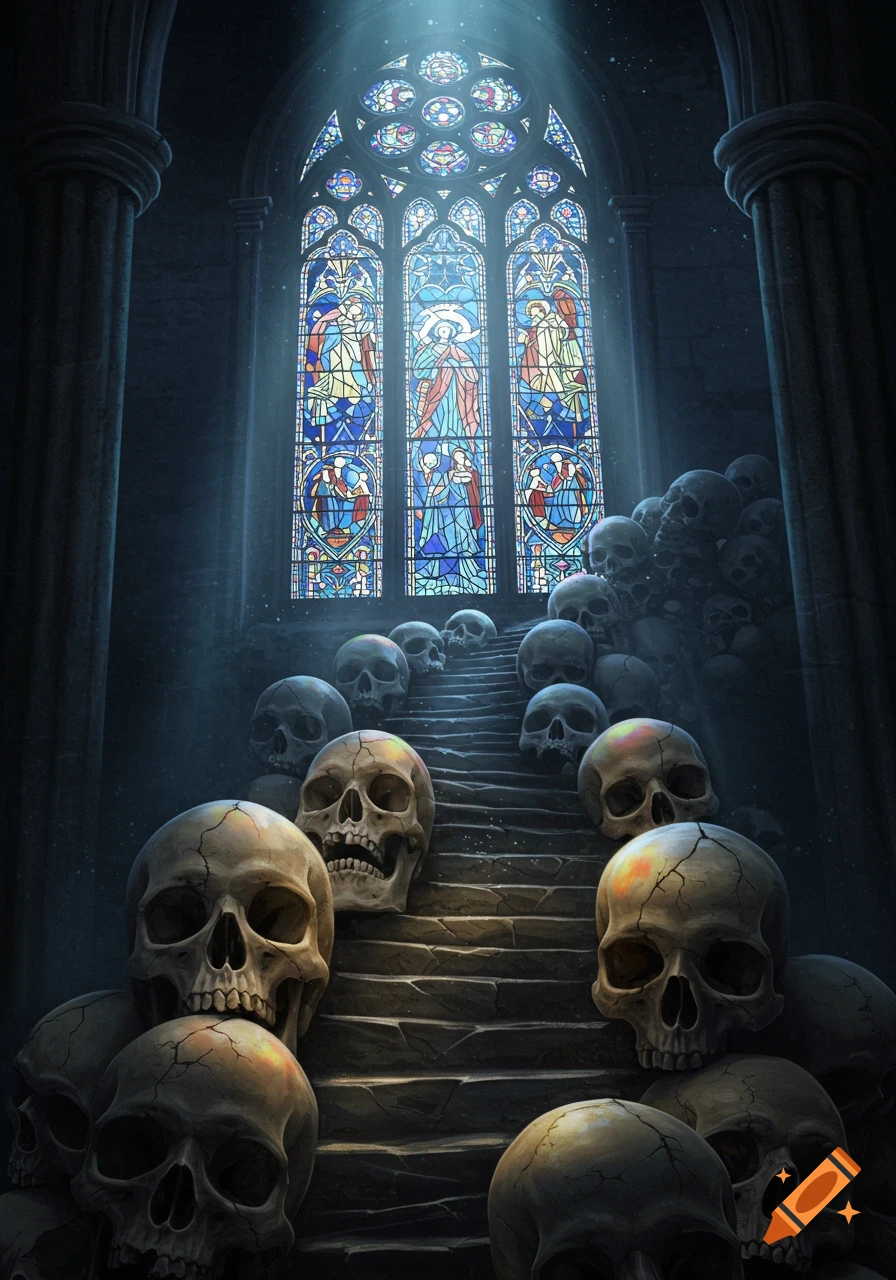 A dark gothic church interior with a majestic stained glass window illuminating a stairway covered in skulls.
