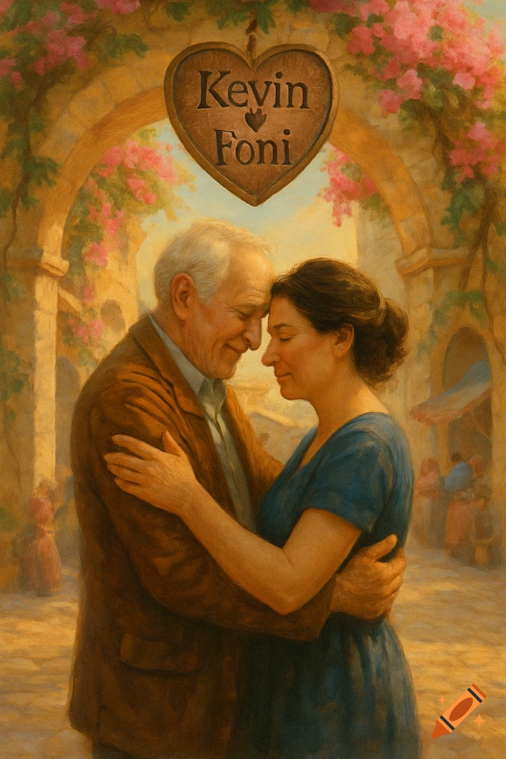 An oil painting of an older man and a middle-aged woman embracing under a flower-covered arch, with "Kevin Foni" on a heart sign.