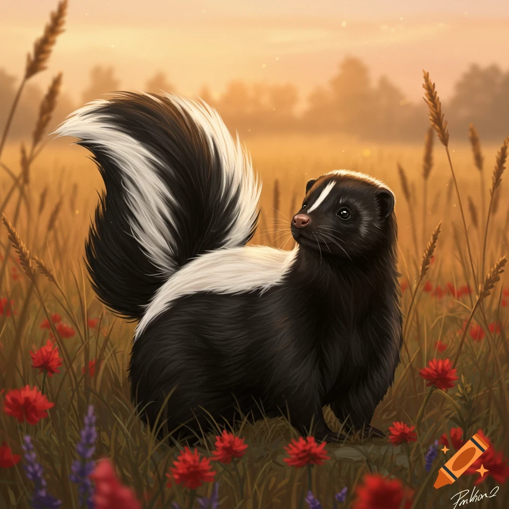 A black and white skunk stands in a field of tall grass with red and purple flowers, looking up towards the golden sunset sky. Illustrated.
