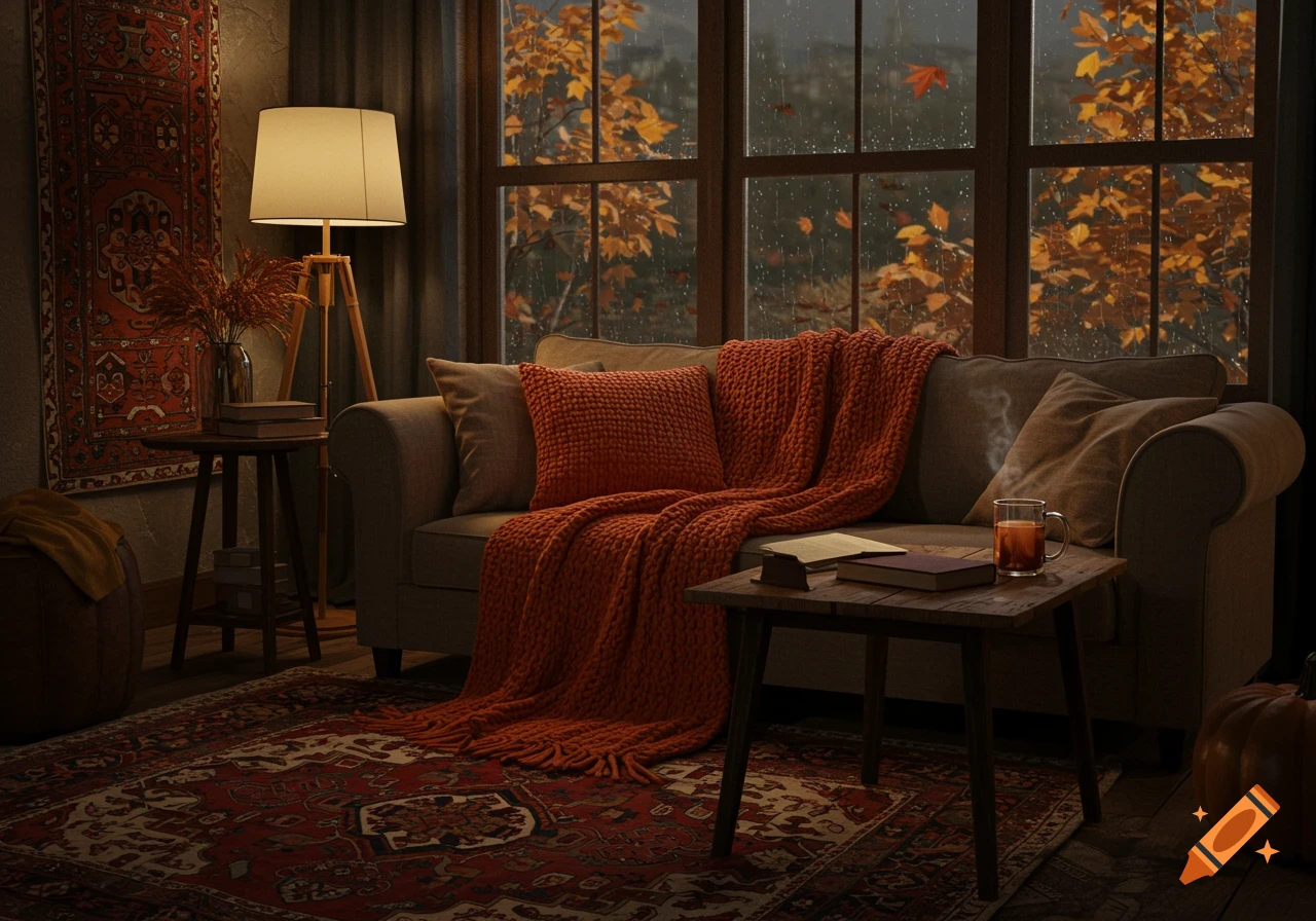 Cozy living room with an orange blanket on a sofa, a floor lamp, and a window showing a rainy autumn day with colorful leaves.