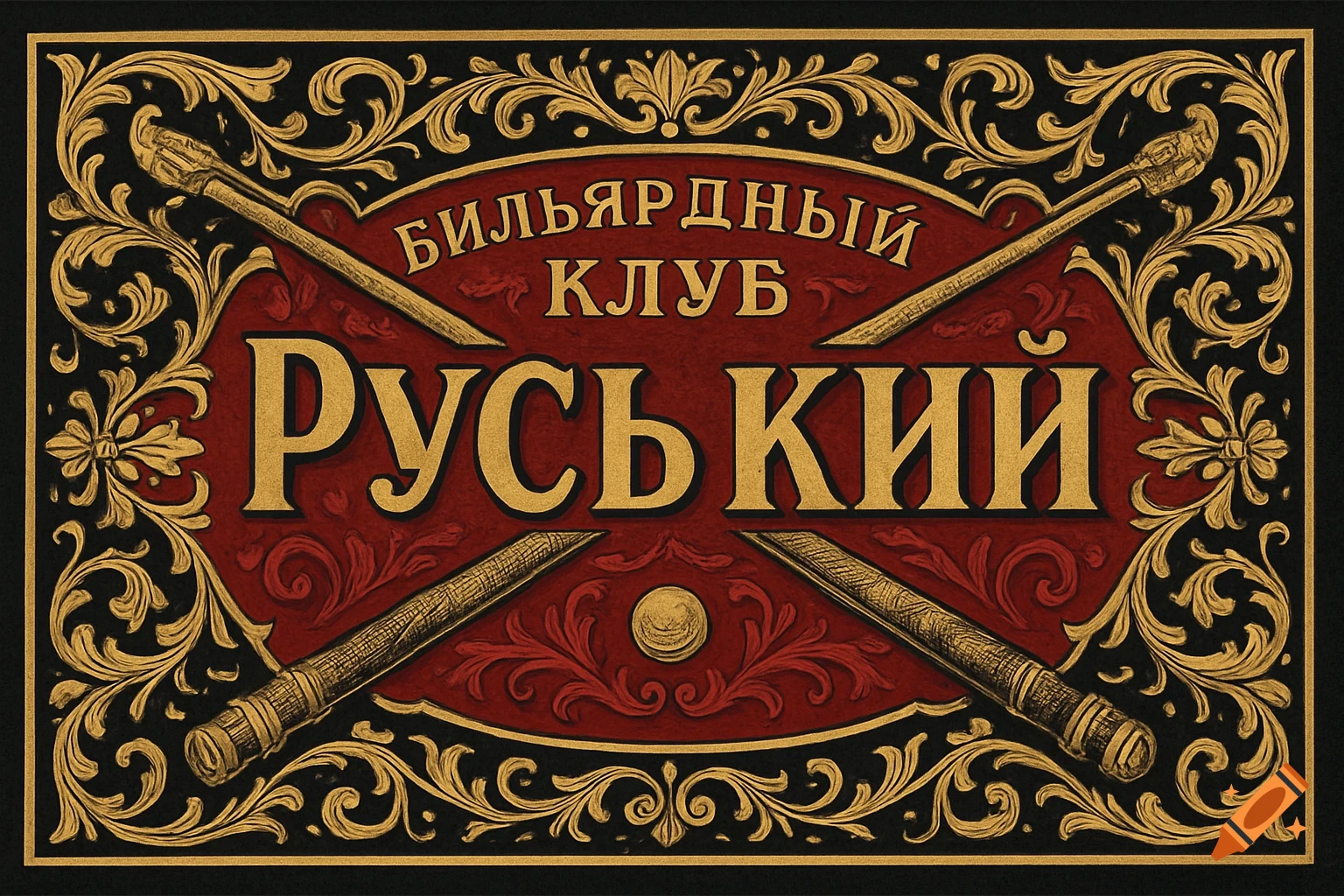 A rectangular black, red, and gold sign for 'Billiard Club Rus Kiy' in 18th-century Russian ornamental style with crossed billiard cues.