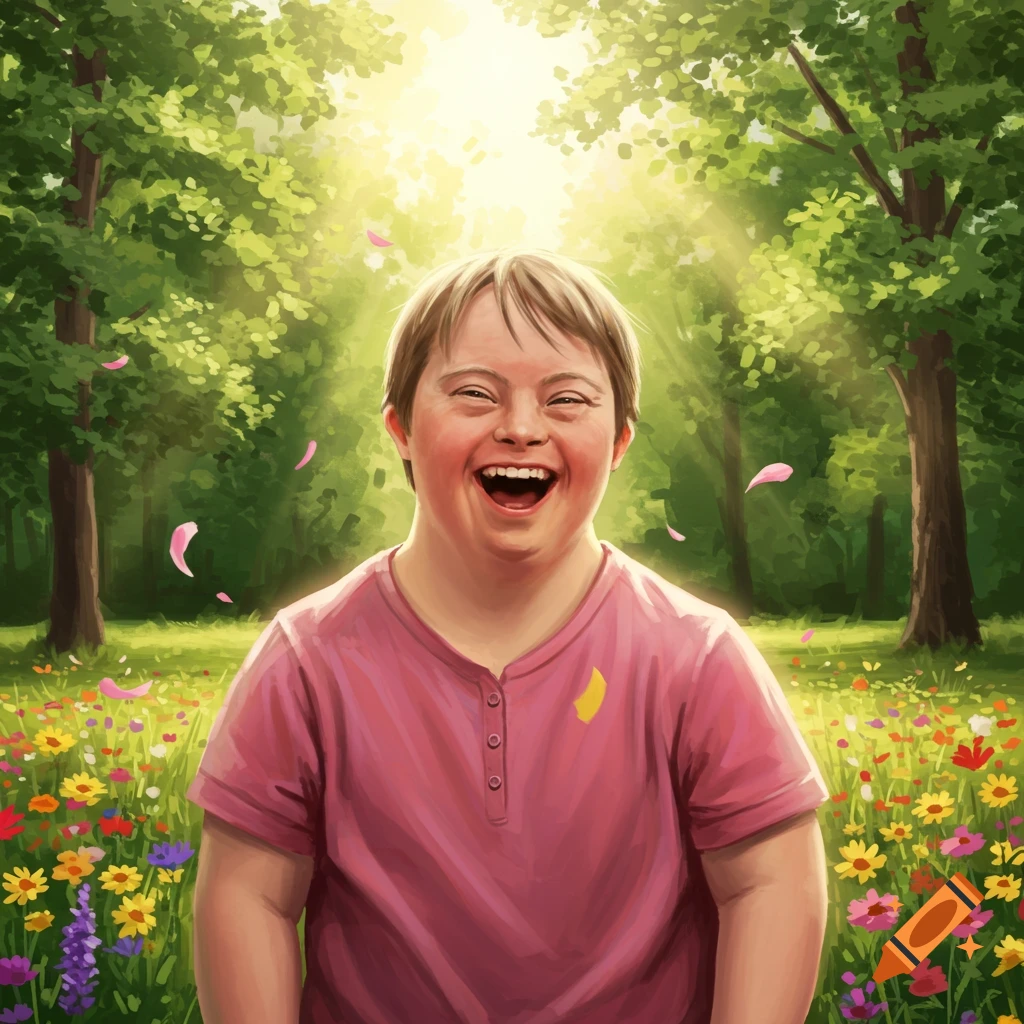 A happy child with Down syndrome laughs in a sunlit meadow with trees and colorful flowers.