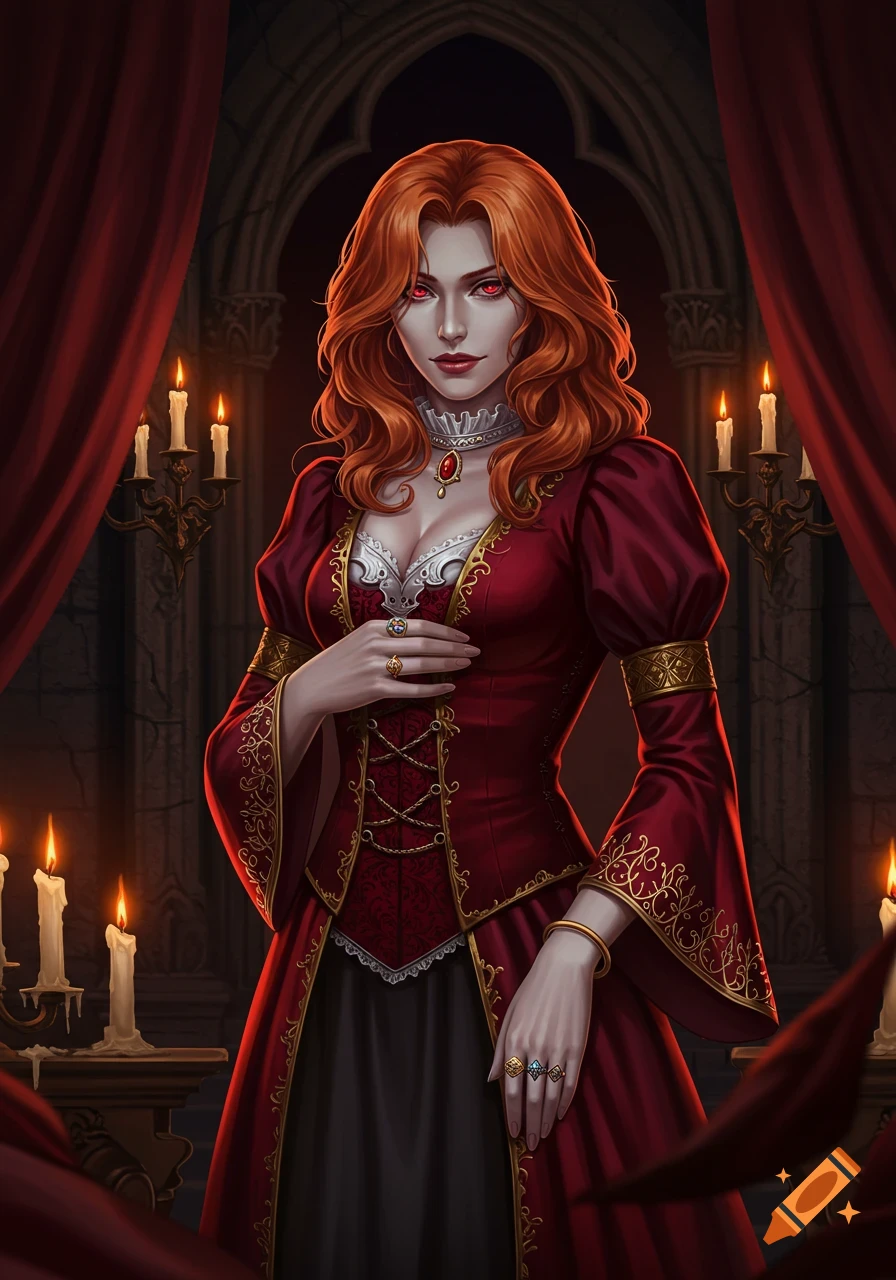 A red-haired woman with red eyes in an ornate red and gold gothic dress stands in a candlelit room.