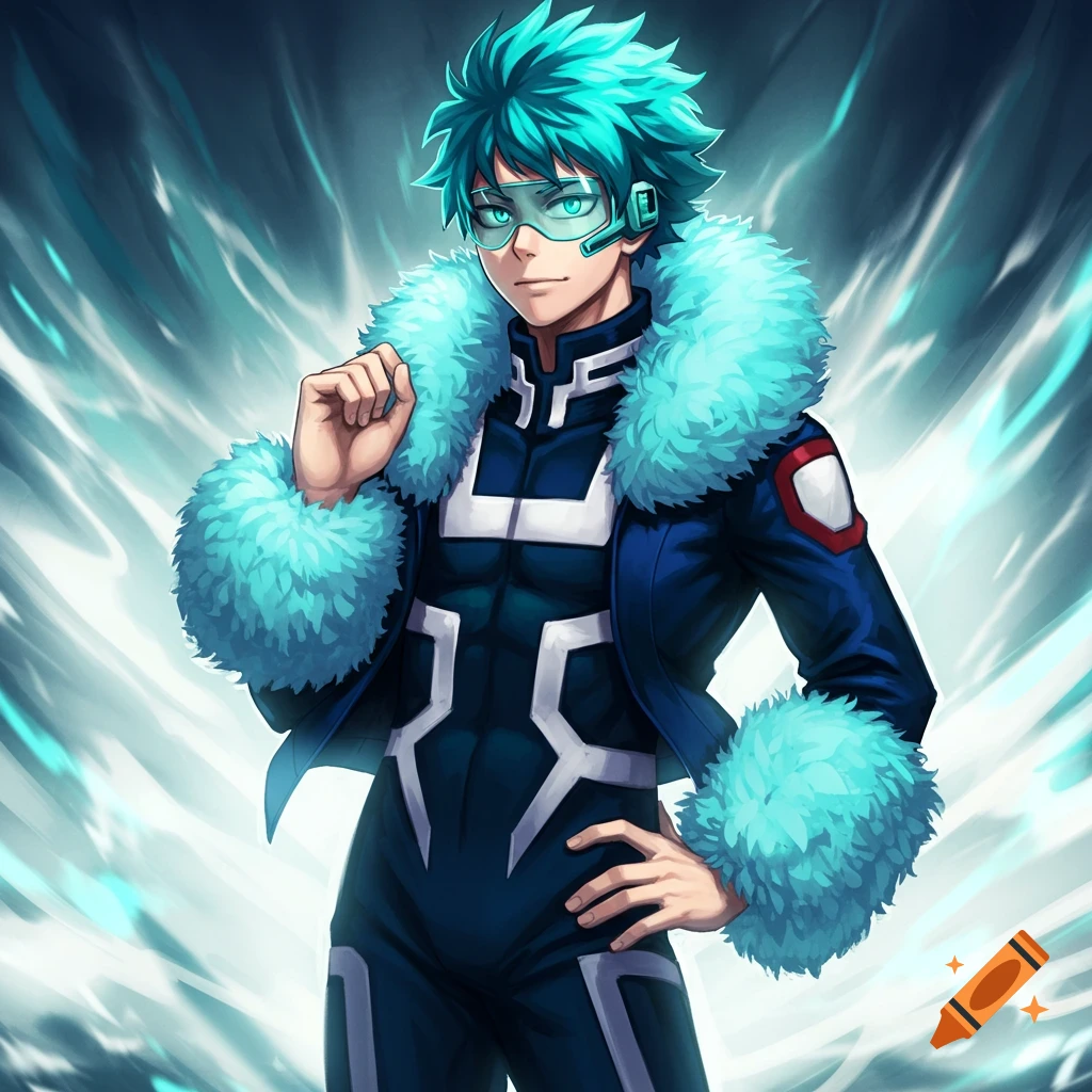 An anime-style male teenager with cyan hair and goggles, wearing a blue jacket with large light cyan fur trim and a cyan and white jumpsuit, stands against a background of glowing blue energy.