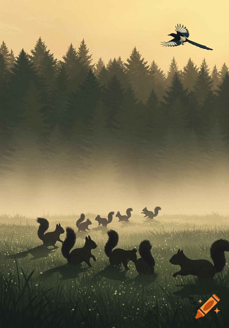 Silhouette illustration of squirrels in a misty field with a forest background and a magpie flying overhead.