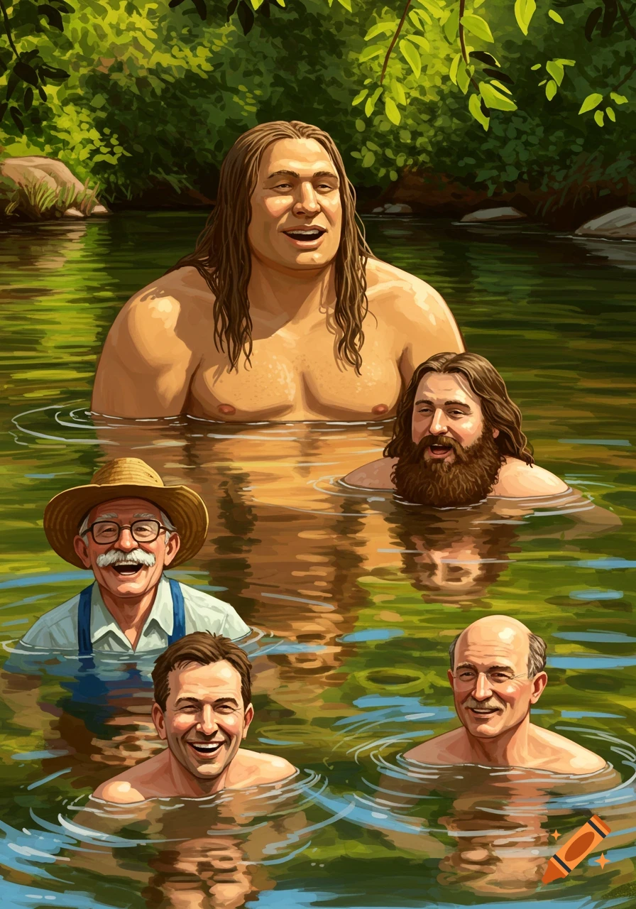 A painterly illustration of five men, including an old farmer and a large, long-haired man, smiling in a green river surrounded by lush foliage.