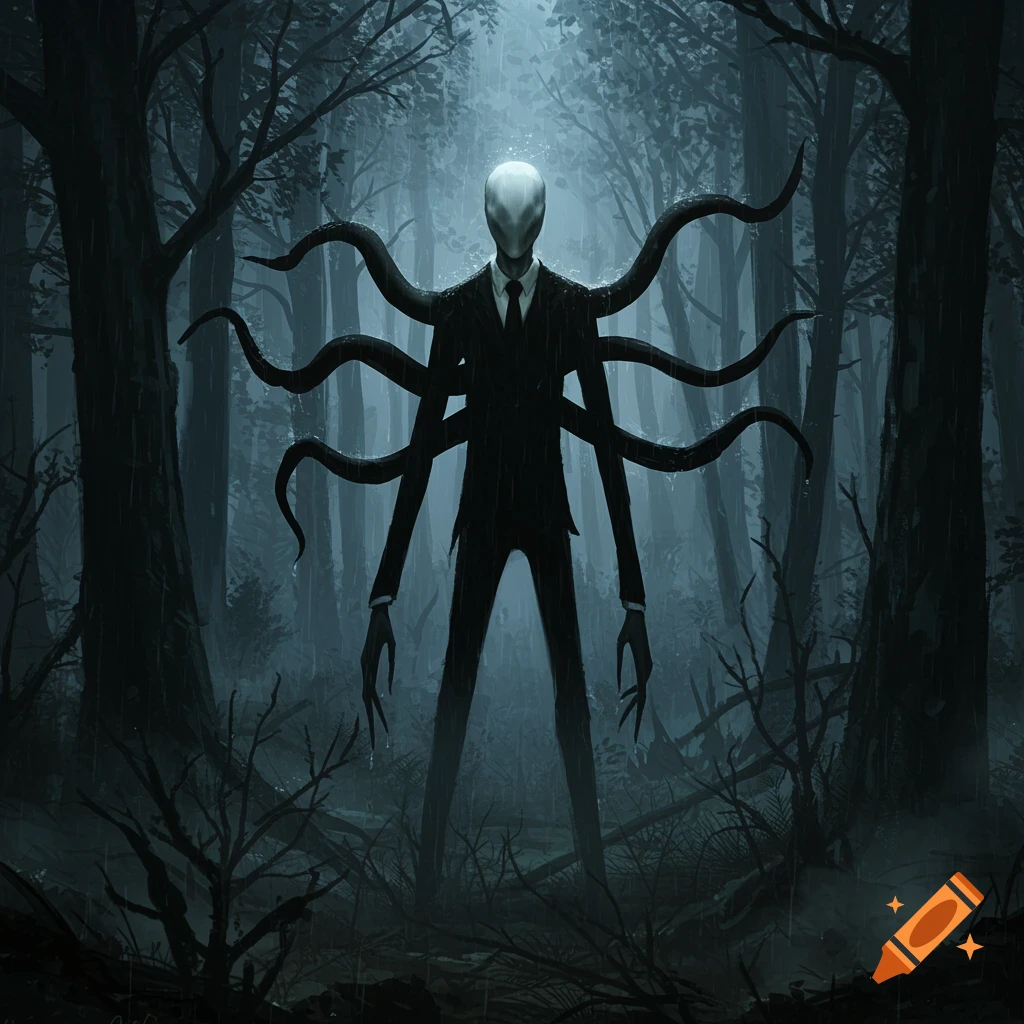 A tall, slender figure with a blank face and multiple black tentacles emerging from its back, wearing a suit, stands in a dark, rainy forest at night.
