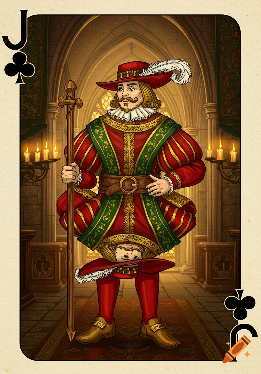 Illustration of a Jack of Clubs playing card showing a man in red and green attire holding a staff, in a gothic interior.