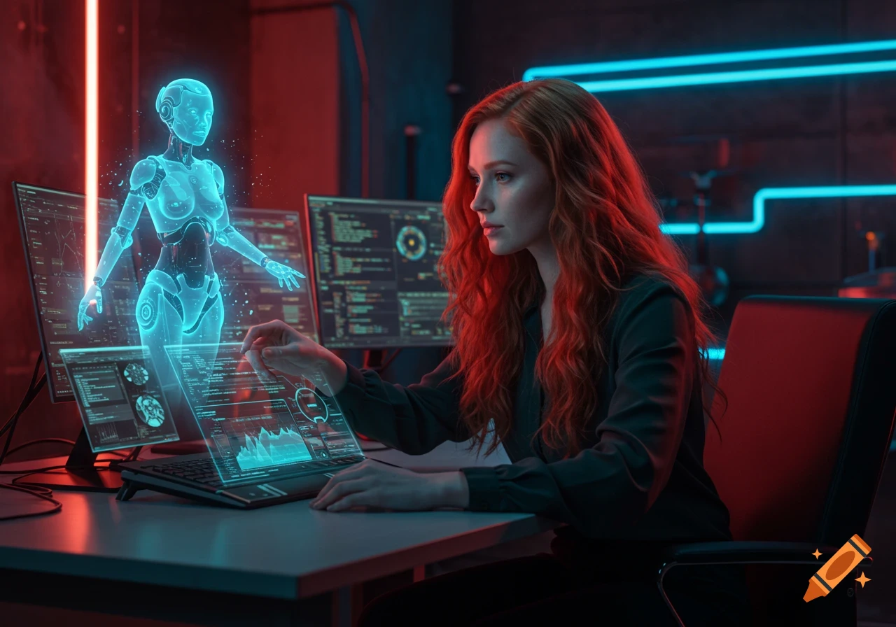 A redheaded woman uses futuristic holographic interfaces to program a translucent, blue humanoid AI robot in a neon-lit room.