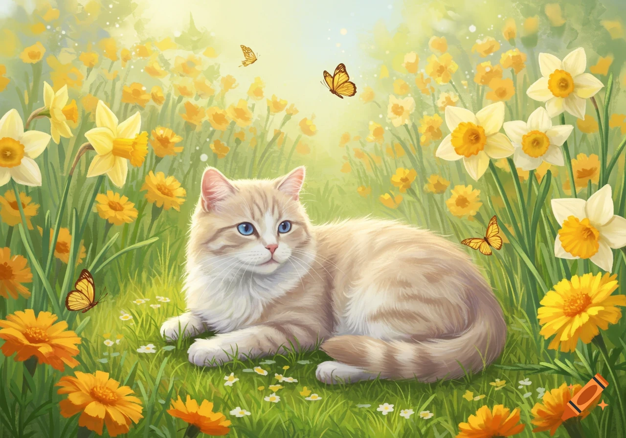 A fluffy cream-colored cat with blue eyes lies in a vibrant field of yellow daffodils and other flowers, with butterflies fluttering around, in a pastel art style.