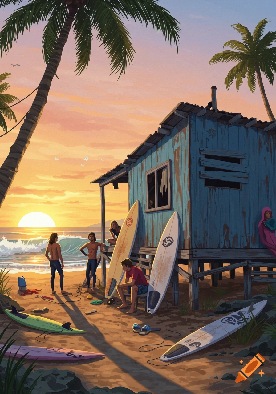 Illustrated scene of surfers hanging out by a rustic blue beach house at sunset, with surfboards scattered on the sand and palm trees overhead.