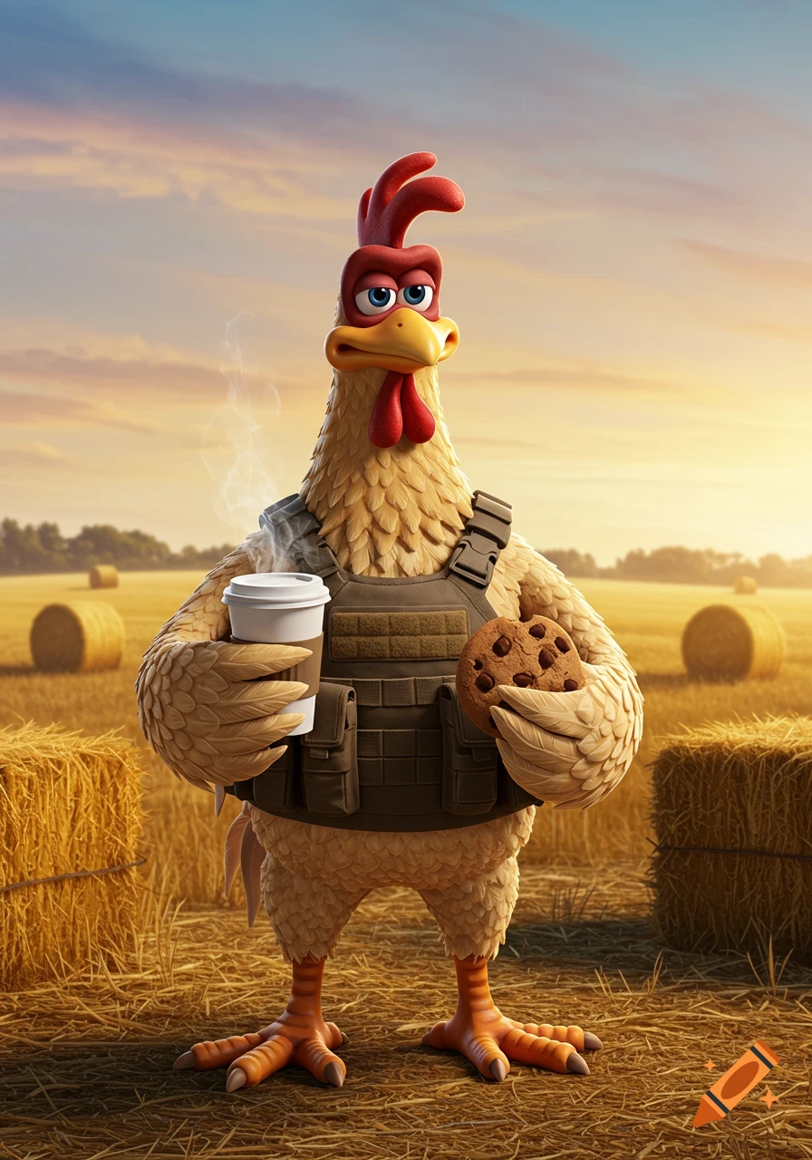A 3D animated tactical chicken stands in a golden hay field, holding a steaming coffee cup and a chocolate chip cookie.