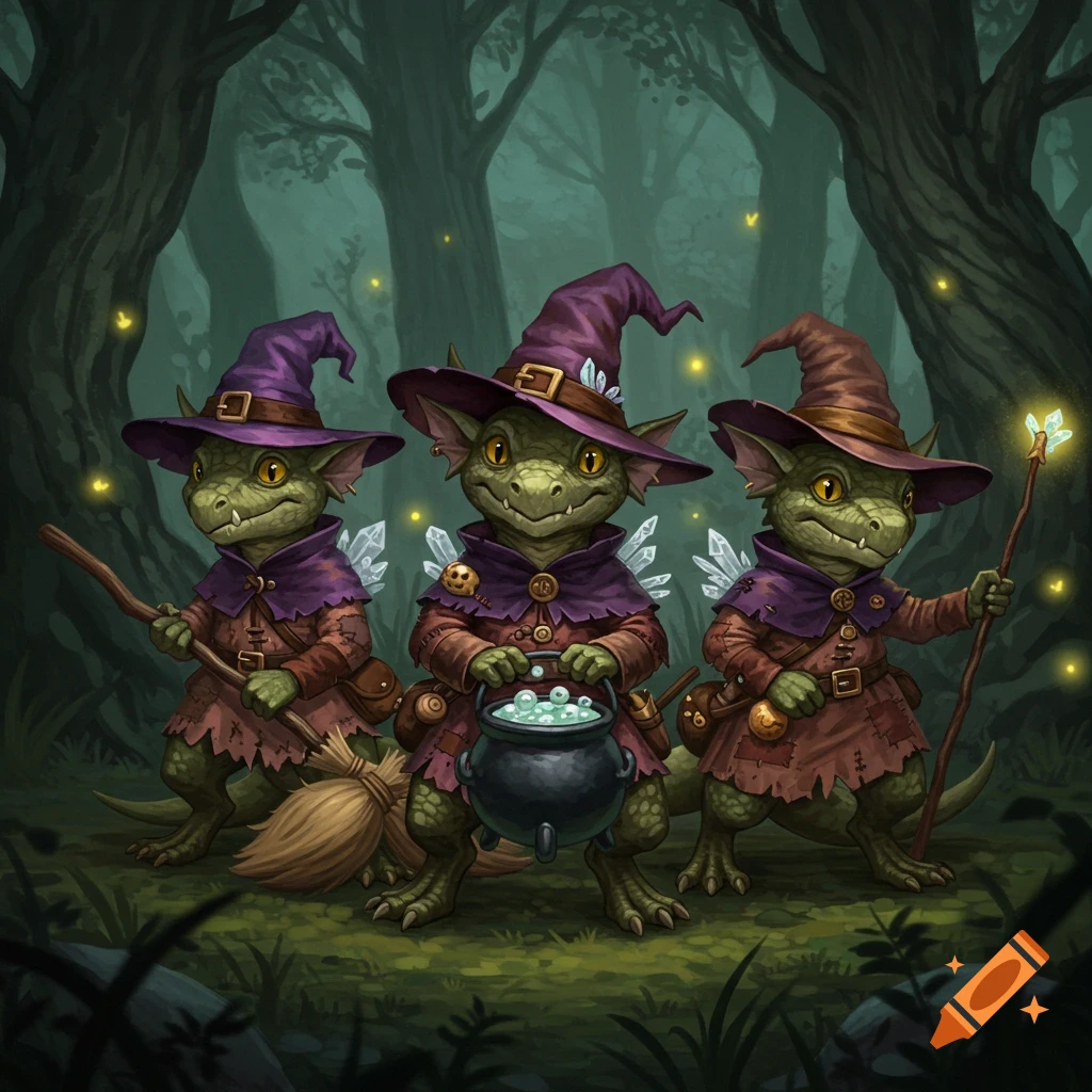 Three green kobold witches with pointy hats, cloaks, and tools stand in a misty dark forest with fireflies.
