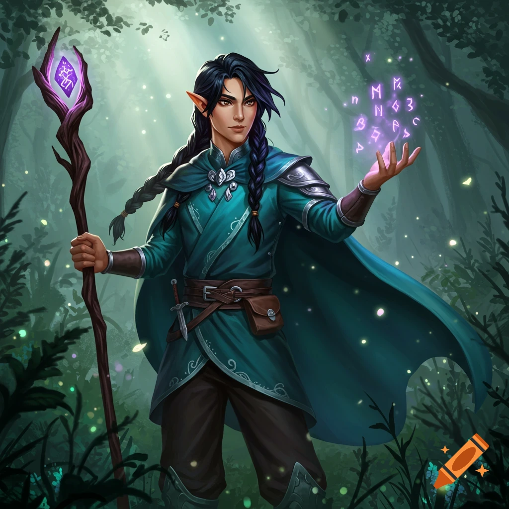 A youthful elf with long black braided hair and pointy ears stands in a forest, holding a glowing purple staff and casting purple runes.