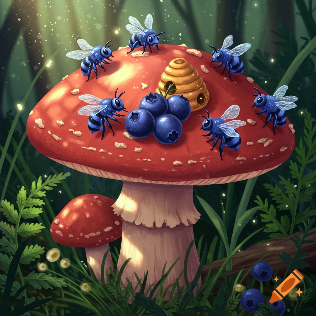 Whimsical illustration of blue bees and blueberries on a red mushroom with a small beehive in a vibrant forest.