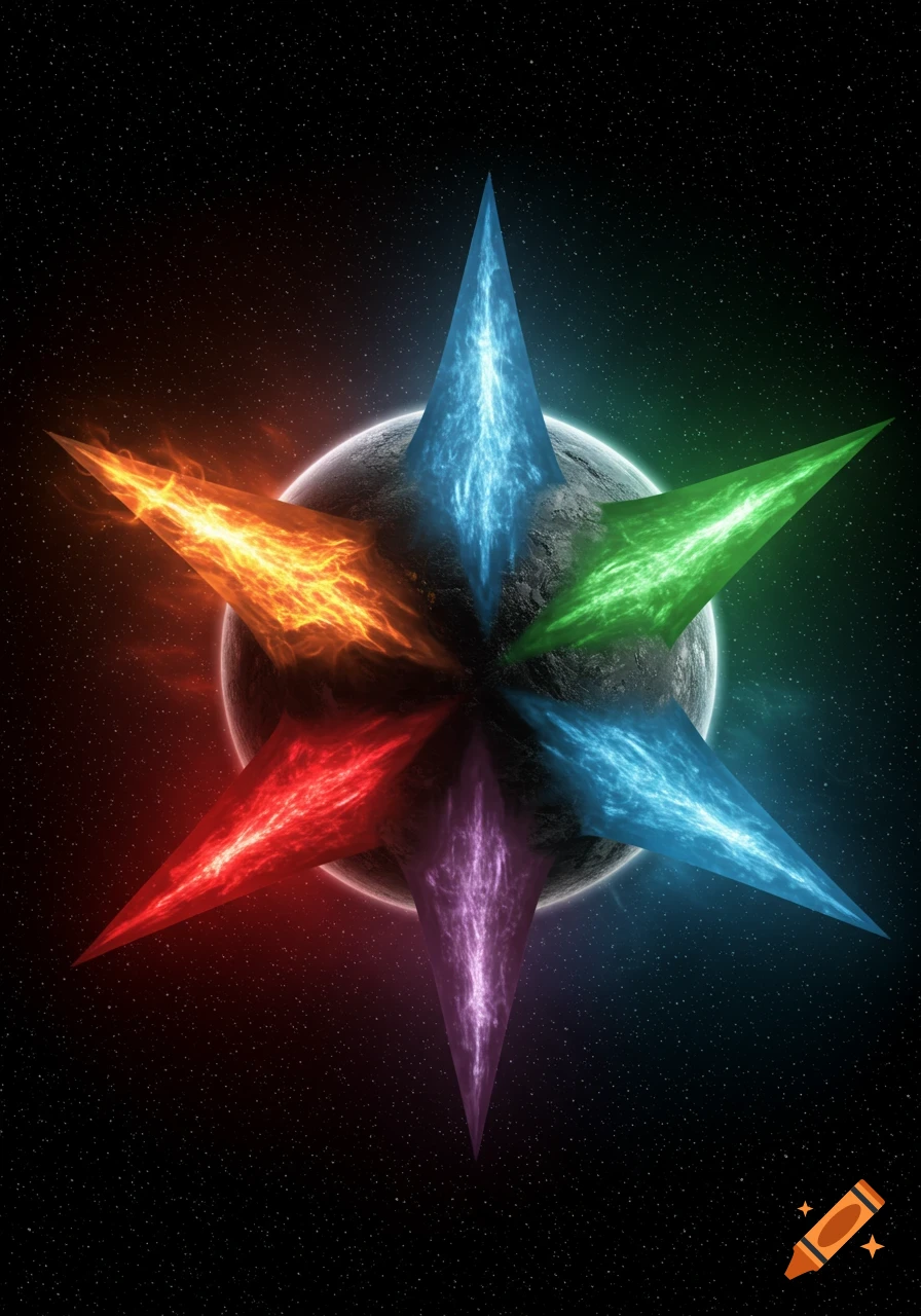 A colorful six-pointed star, with tips in shades of red, orange, purple, and blue, emerges from a gray planet set against a starry cosmic background.