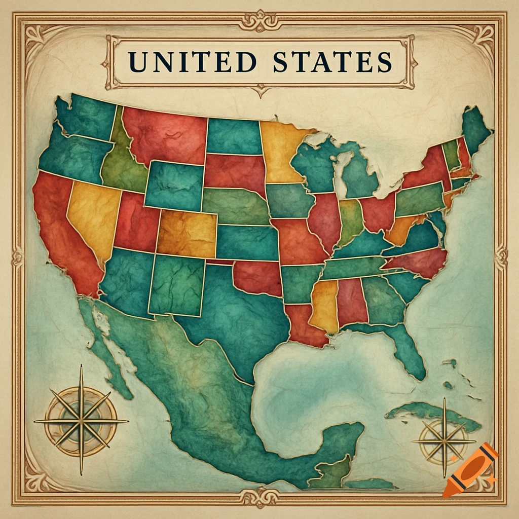 A colorful vintage-style map of the United States with states shaded in various colors, framed by decorative borders.