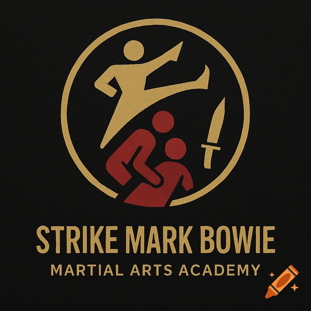 A gold and red martial arts academy logo featuring stylized figures in combat poses and a knife, with text 'STRIKE MARK BOWIE MARTIAL ARTS ACADEMY'.