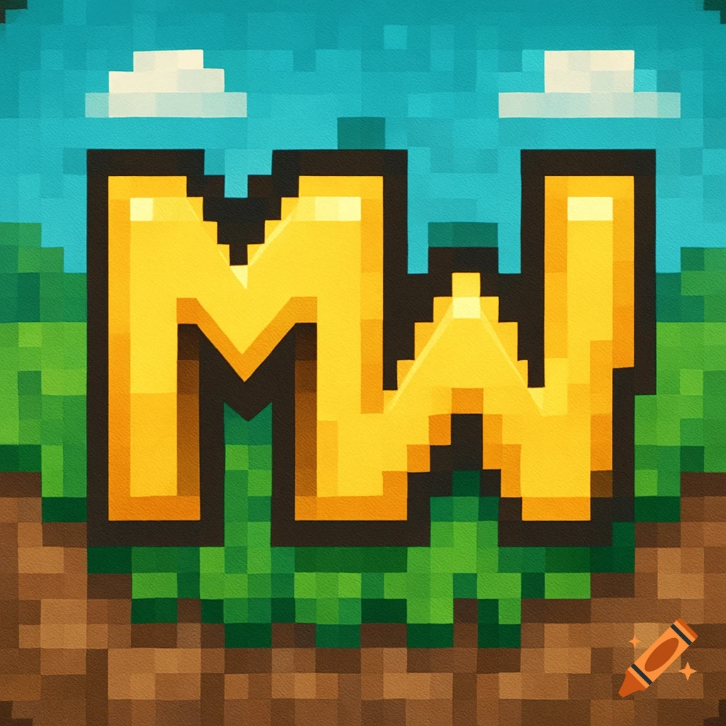 A pixel art icon featuring large golden block letters 'MW' against a Minecraft-like background of green grass, brown dirt, blue sky, and white clouds.
