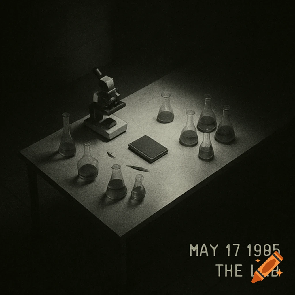 A black and white, grainy photo of a dimly lit science lab table with a microscope, flasks, and a book. The date "MAY 17 1985" and "THE LAB" are visible.