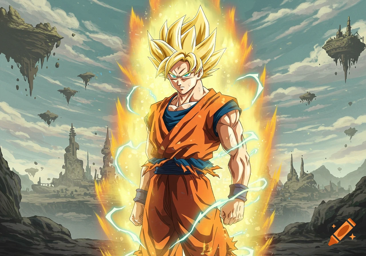 Goku, in his Super Saiyan form with golden spiky hair and glowing aura, stands powerfully in an otherworldly landscape with floating islands and ruins under a cloudy sky. Stylized anime art.