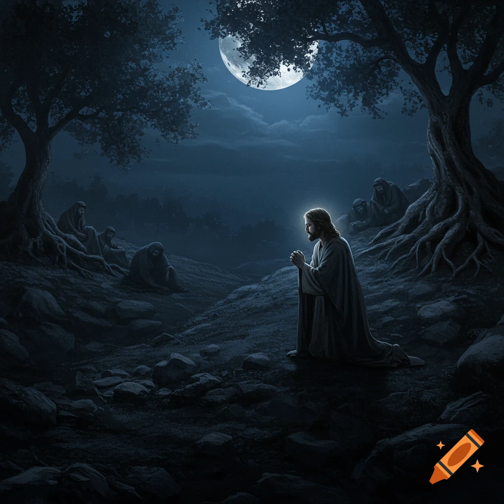 Jesus kneels in prayer under a large moonlit tree at night, while his disciples rest in the background.