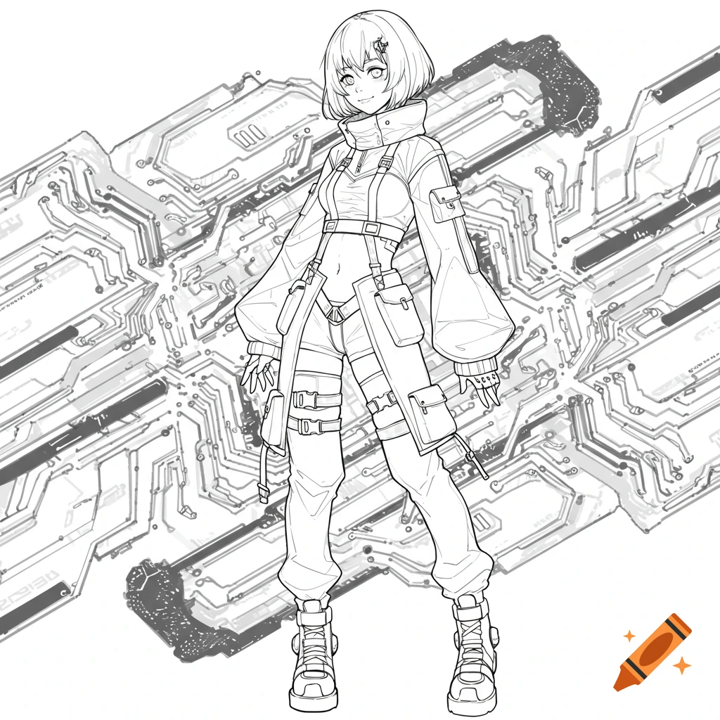 Full-body line art of an anime girl in a techwear outfit against a circuit board background.
