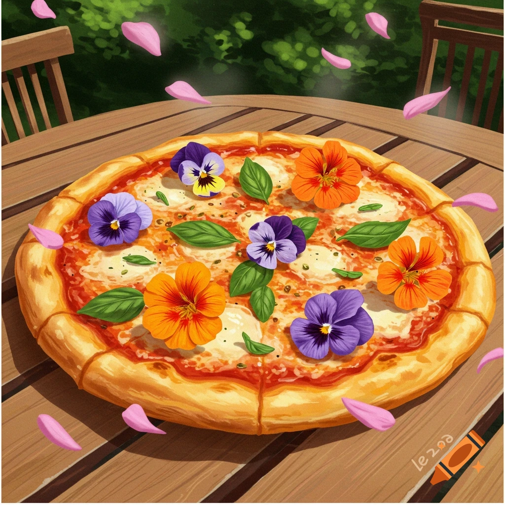 An artistic pizza topped with colorful pansy flowers and basil leaves on a wooden table outdoors, with pink petals falling around it.
