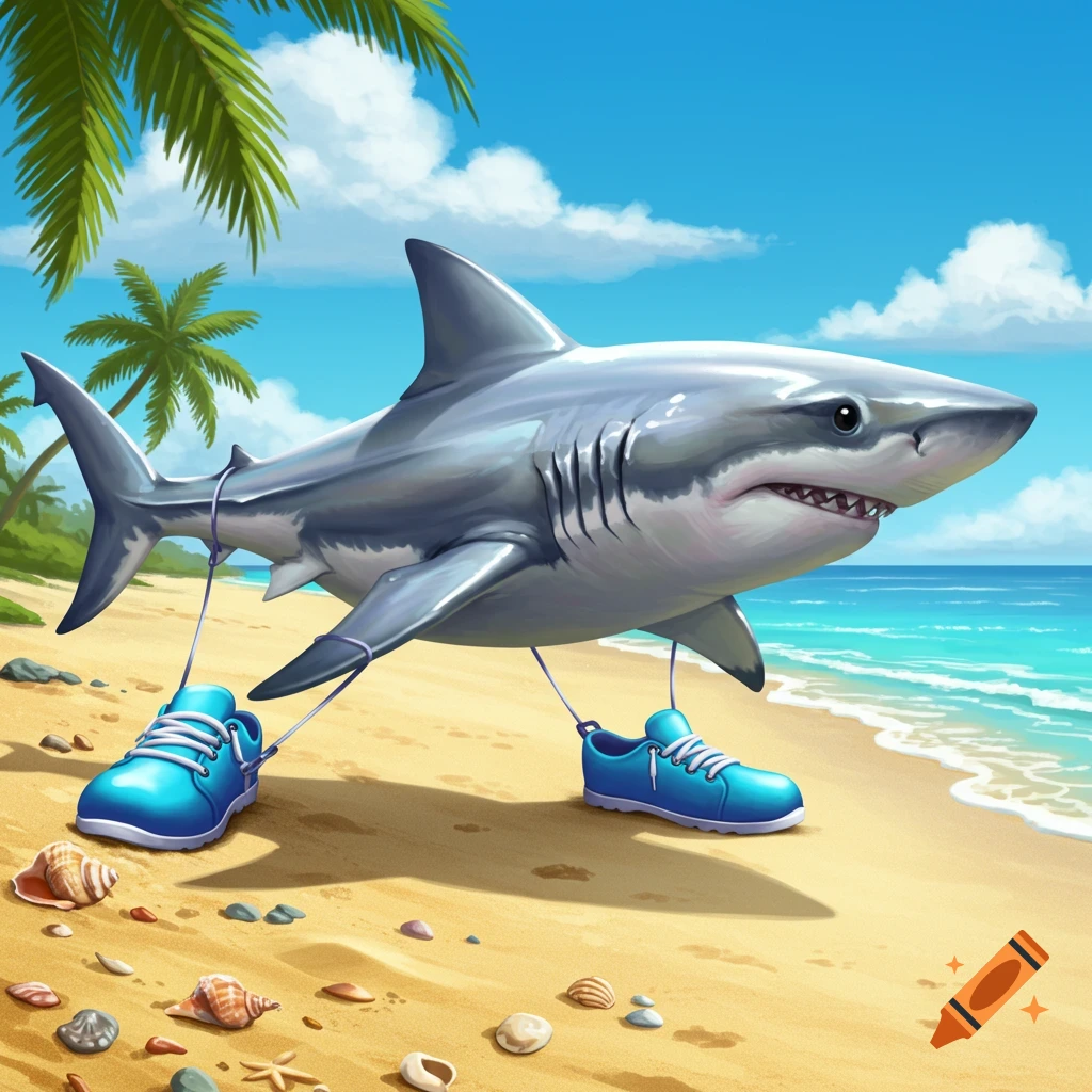 A cartoon shark wearing blue athletic shoes stands on a sandy beach with seashells, palm trees, and the ocean in the background.