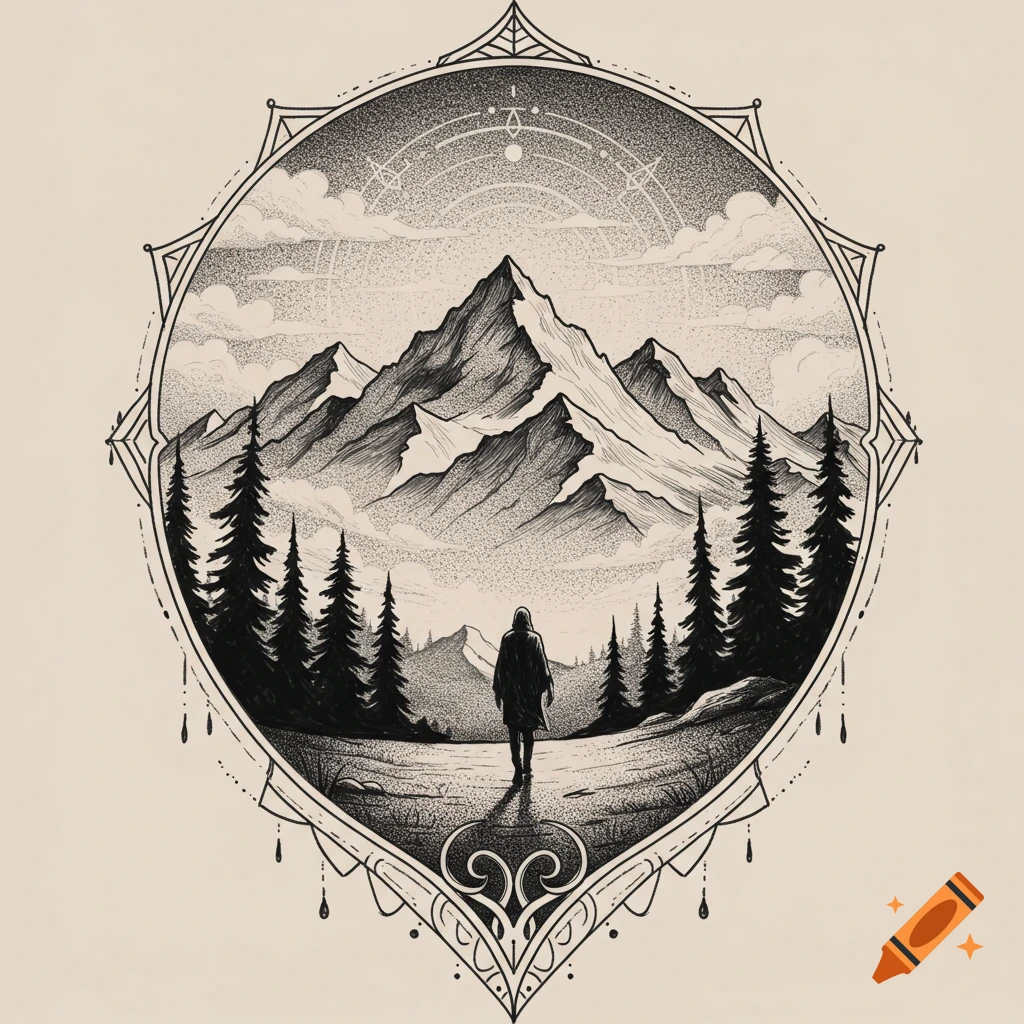 Black and white tattoo illustration of a person walking towards mountains surrounded by trees, enclosed in an ornate oval frame.