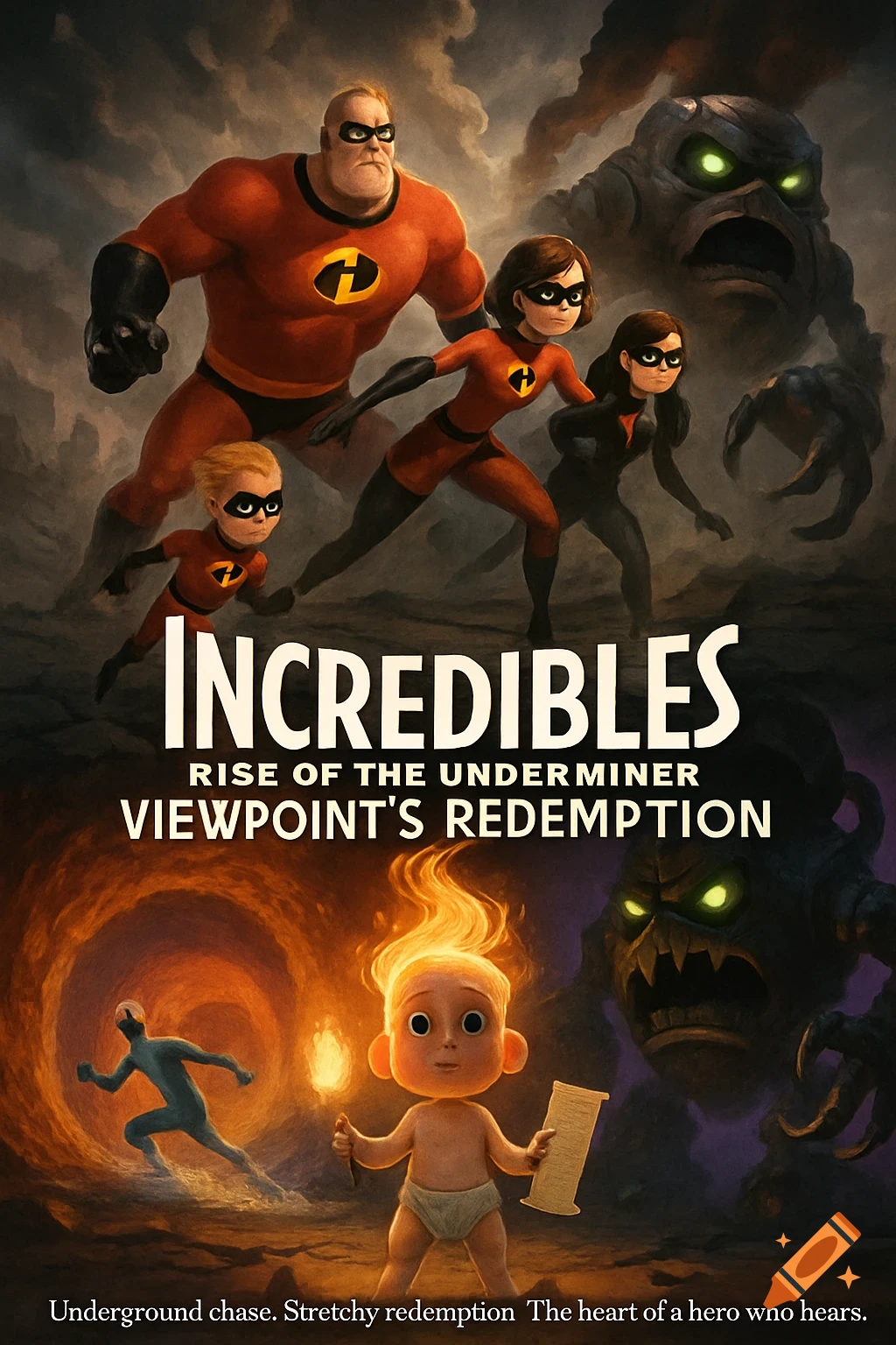 A movie poster featuring the Incredibles family and a baby hero with fiery hair, facing a monster in a dark, stylized setting.