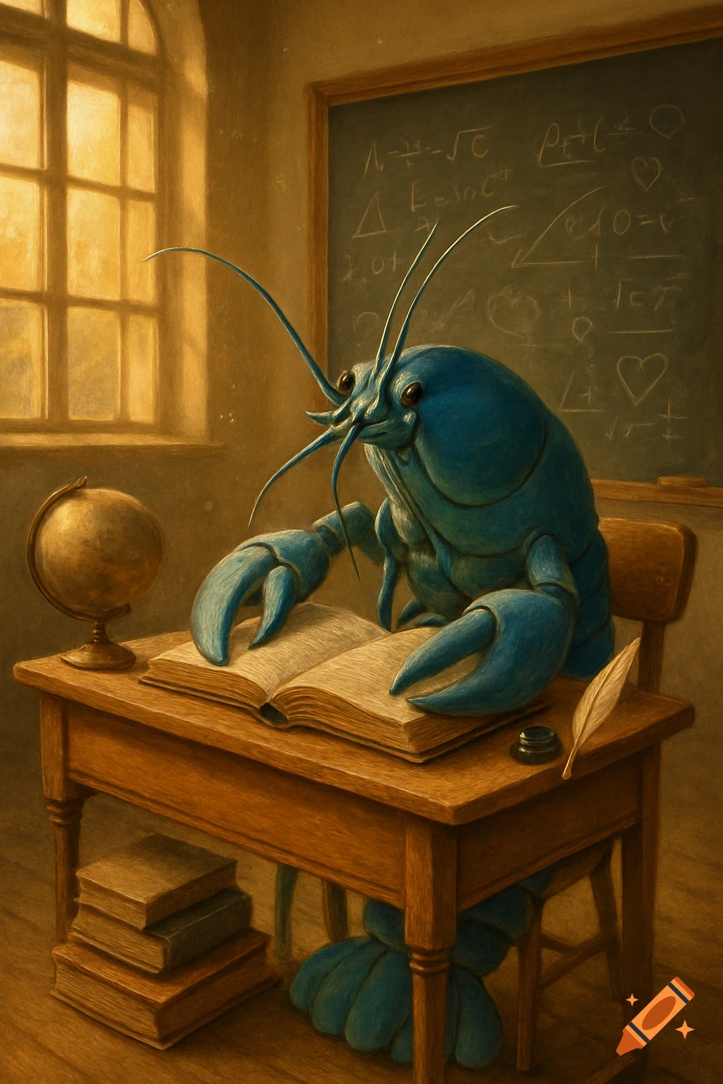 A blue lobster in a classroom sits at a wooden desk reading an open book, with a globe and blackboard behind it, in a painterly style.
