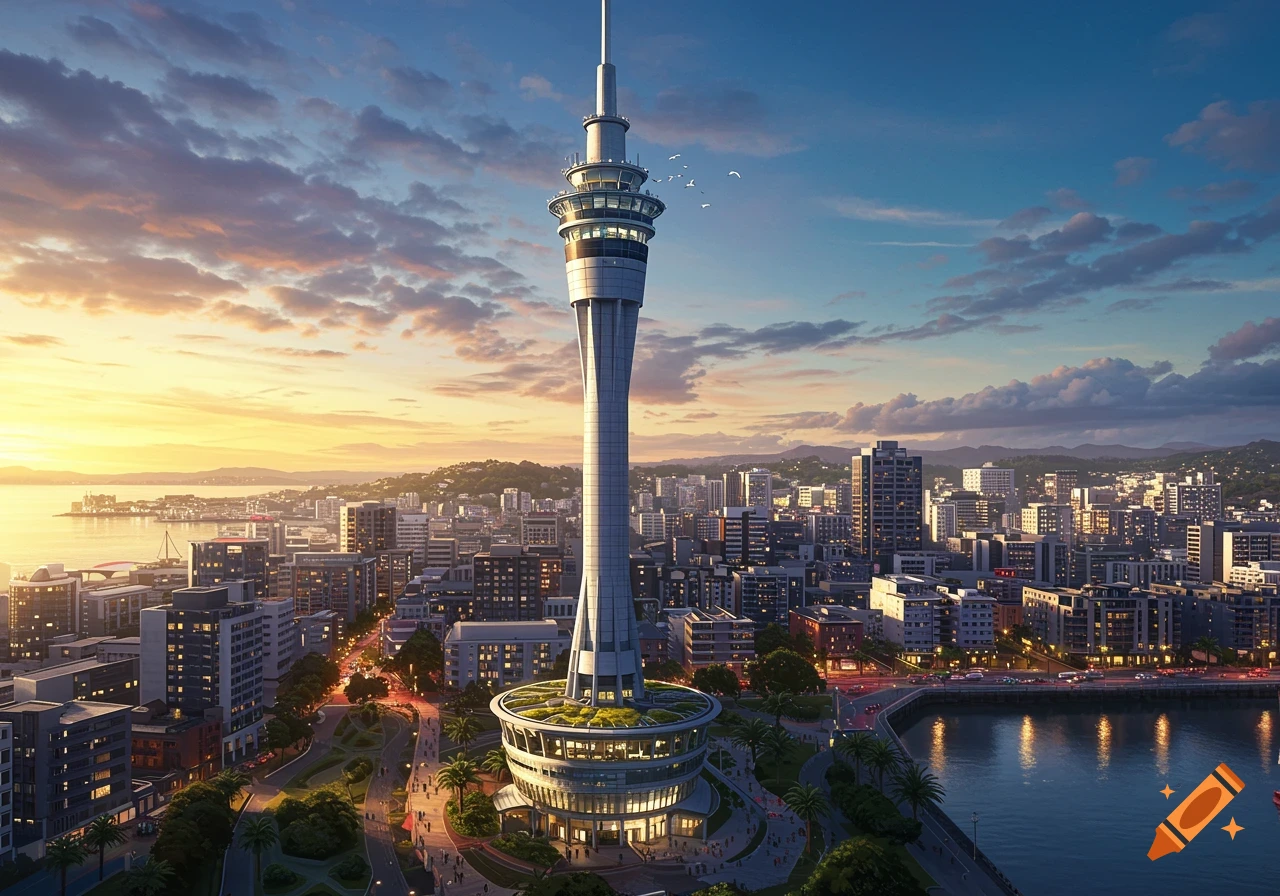 A photorealistic image of a modern sky tower overlooking a bustling cityscape and waterfront at sunset.