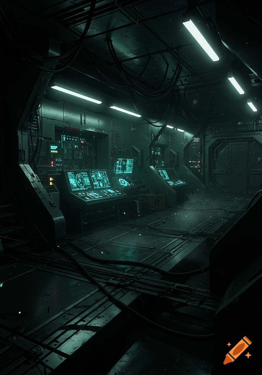 Dark, moody sci-fi spaceship interior with glowing control panels, monitors displaying data, and exposed wiring.