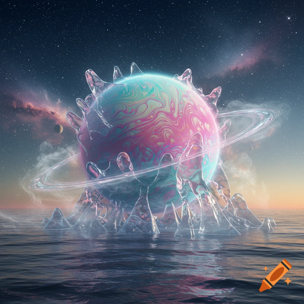 A colorful, swirl-patterned planet with translucent, spiky formations and rings floats on water under a starry sky.