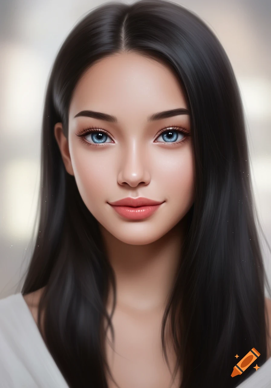 A realistic digital art portrait of a young woman with dark hair, blue eyes, and pale skin, featuring anime-like aesthetics.
