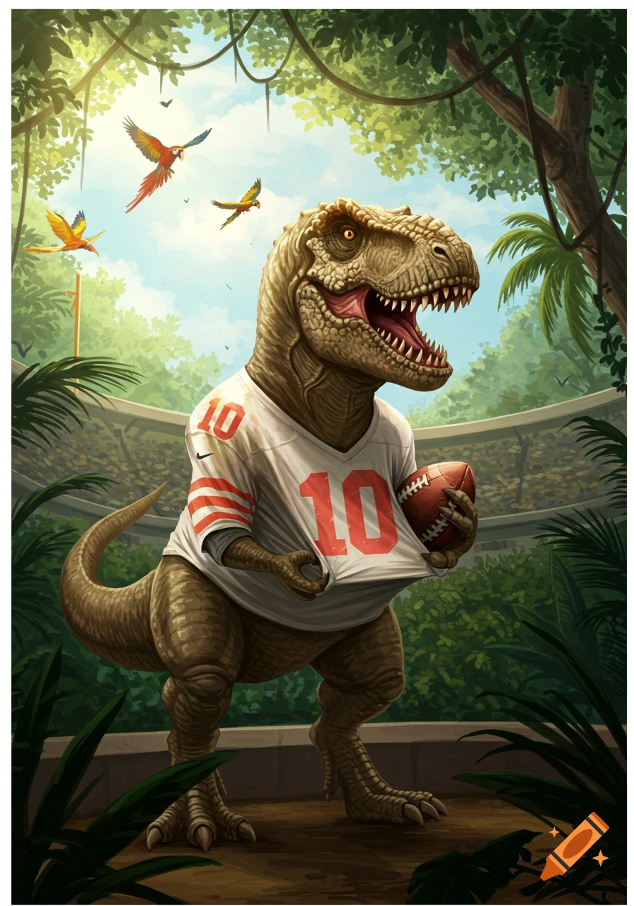 A T-Rex in a white football jersey with the number 10, holding a football in a jungle stadium.