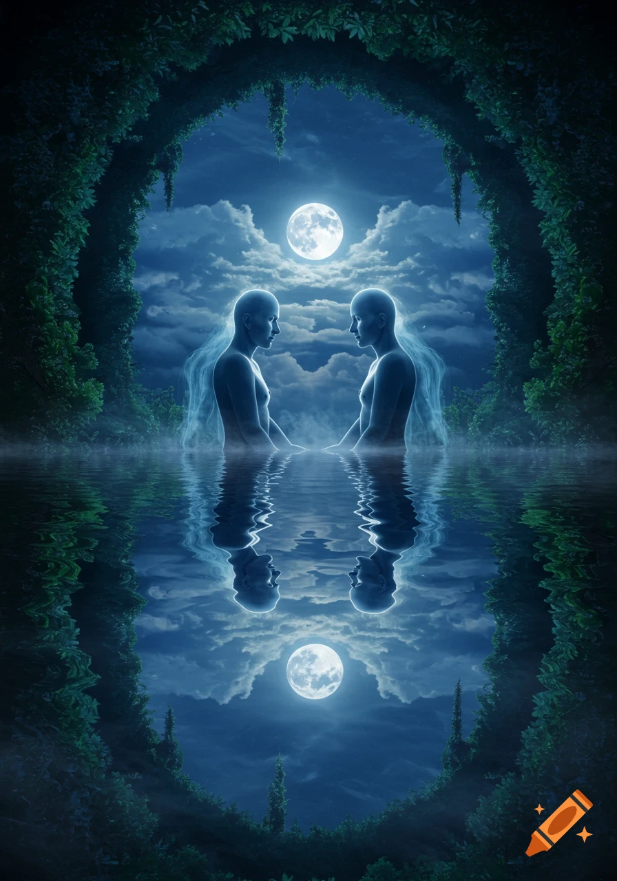 Two glowing ethereal figures face each other in a moonlit lake, framed by a dark ivy arch, with their reflections visible in the water.