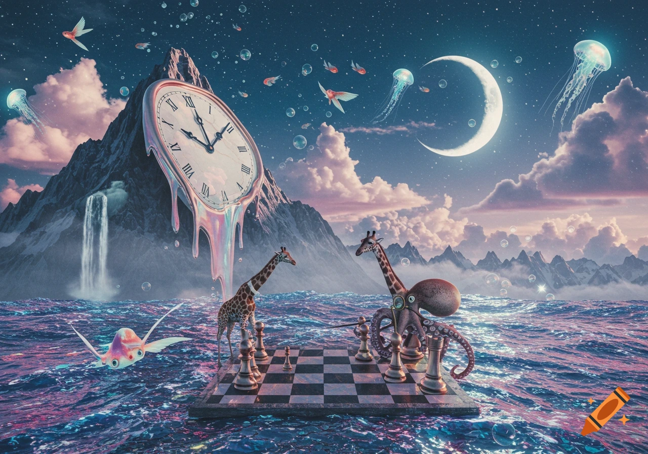A surreal landscape featuring a melting clock on a mountain, two giraffes and an octopus playing chess on a board in a vast ocean, with flying fish, jellyfish, and a crescent moon under a starry sky.