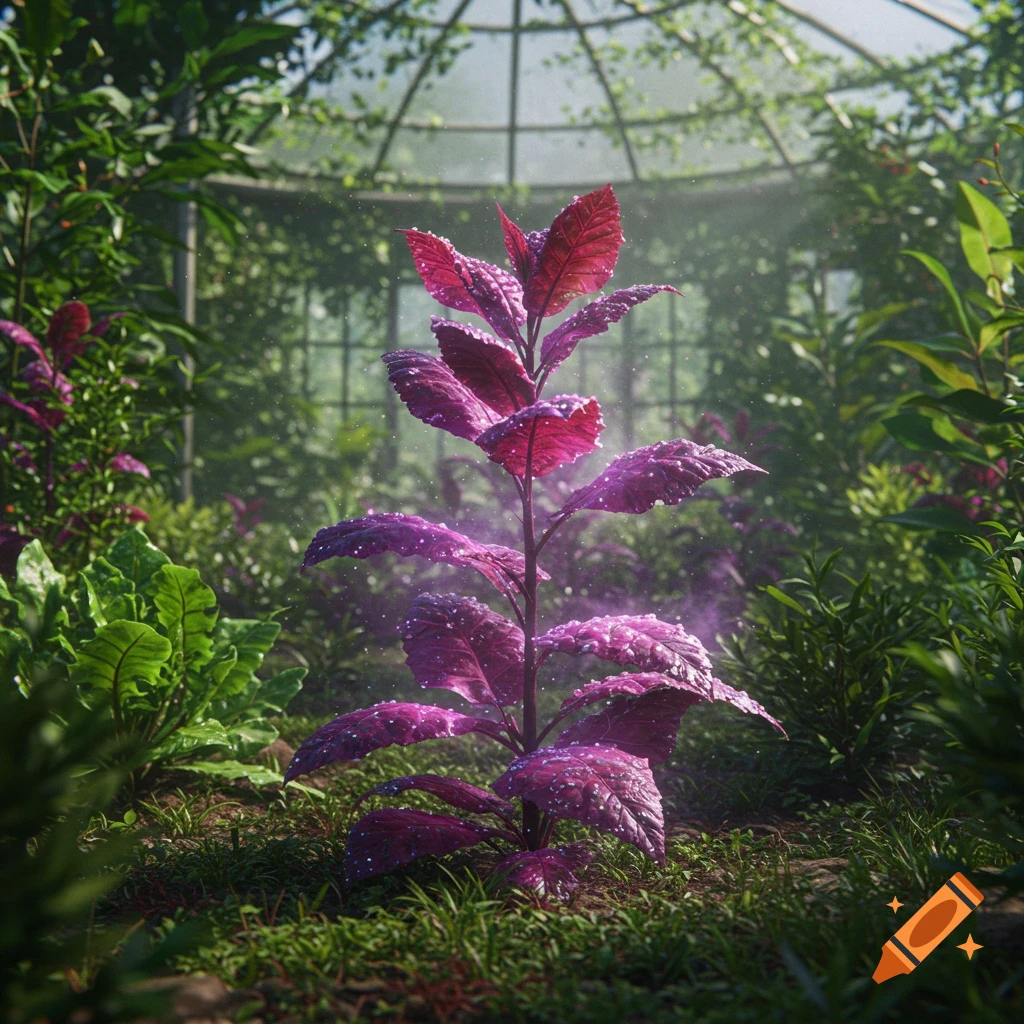 A vibrant purple plant with sparkling leaves stands in a lush greenhouse.