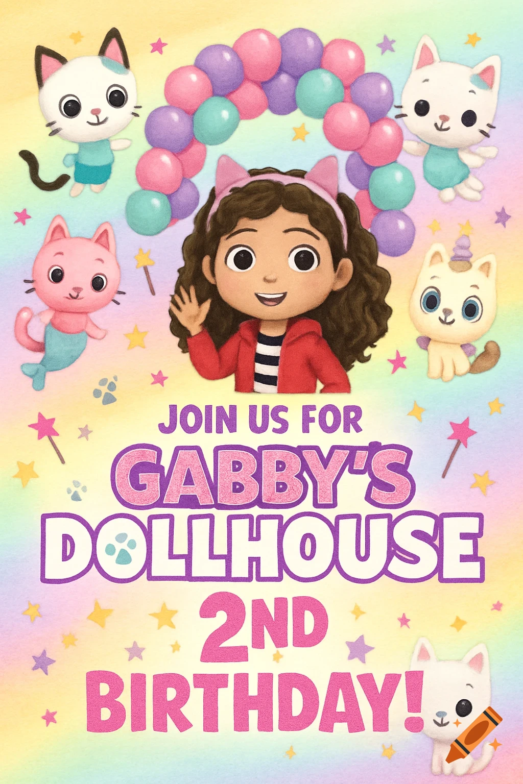 A colorful birthday invitation featuring Gabby from Gabby's Dollhouse and several cartoon cats, with text "JOIN US FOR GABBY'S DOLLHOUSE 2ND BIRTHDAY!".