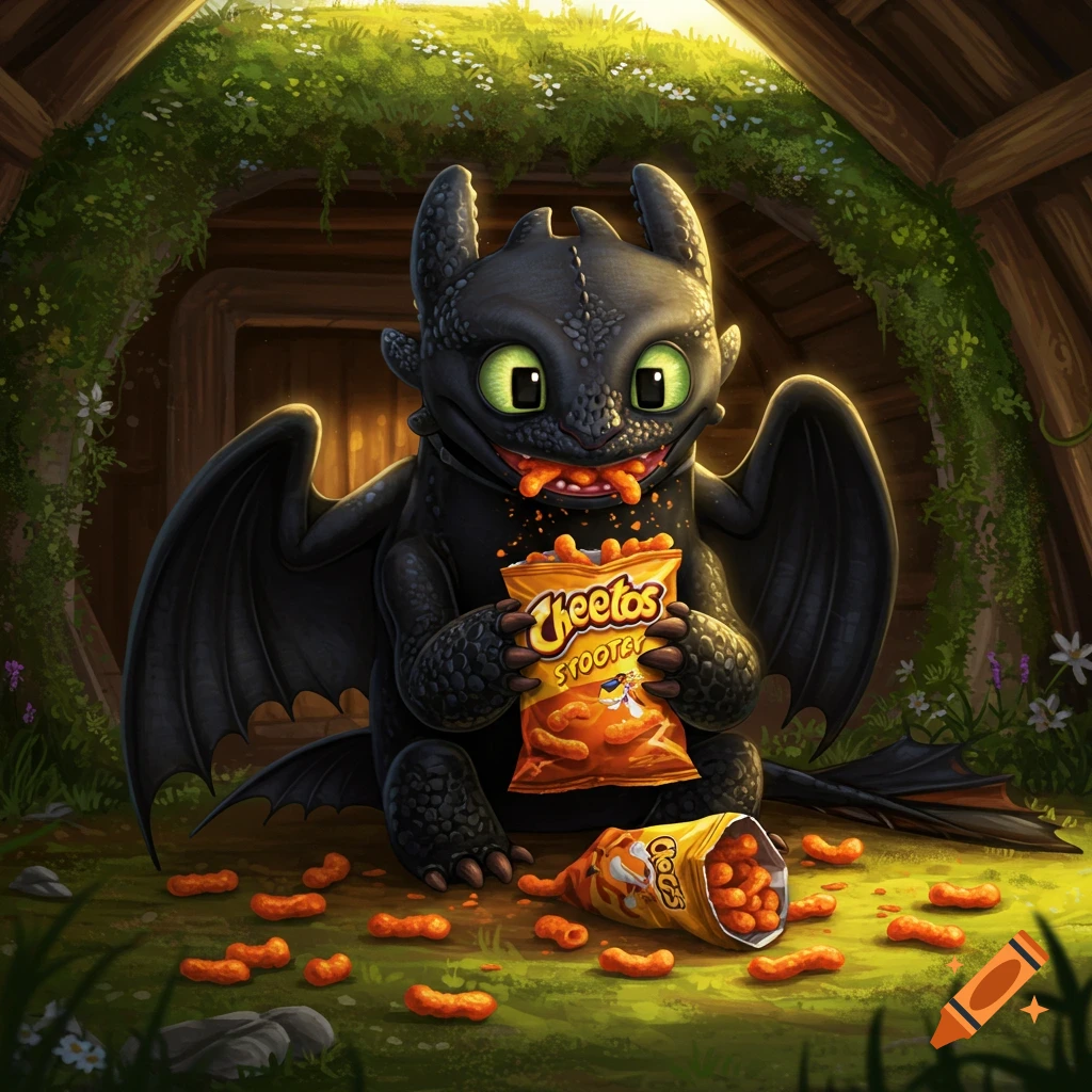 An adorable cartoon black dragon, Toothless, gleefully devours orange Cheetos, holding a bag with more spilled on the green grass in a cozy cave opening.