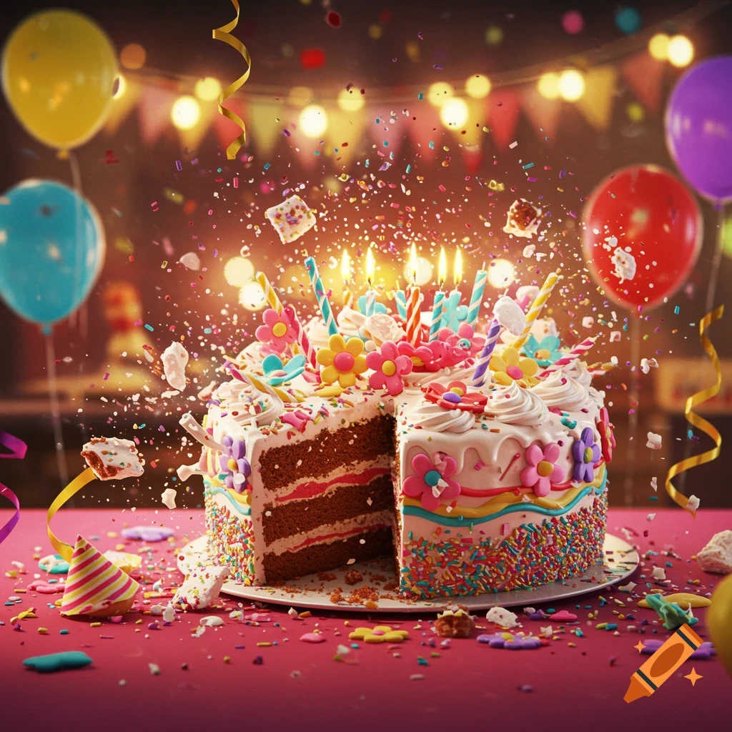 A colorful birthday cake with lit candles, smashed with pieces flying, surrounded by confetti and balloons on a red table.